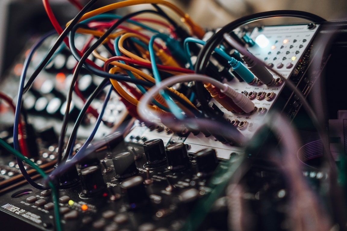 Photo of my modular synthesizer with colorful cables.